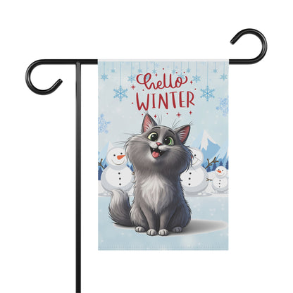 Long hair gray cat Hello Winter Garden Banner