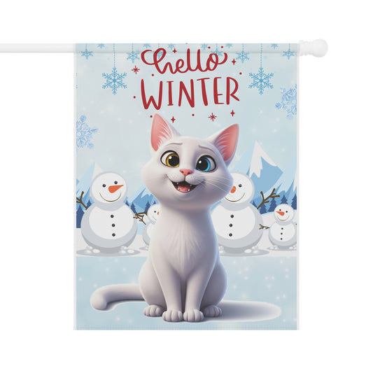 Short hair white cat Hello Winter Garden Banner