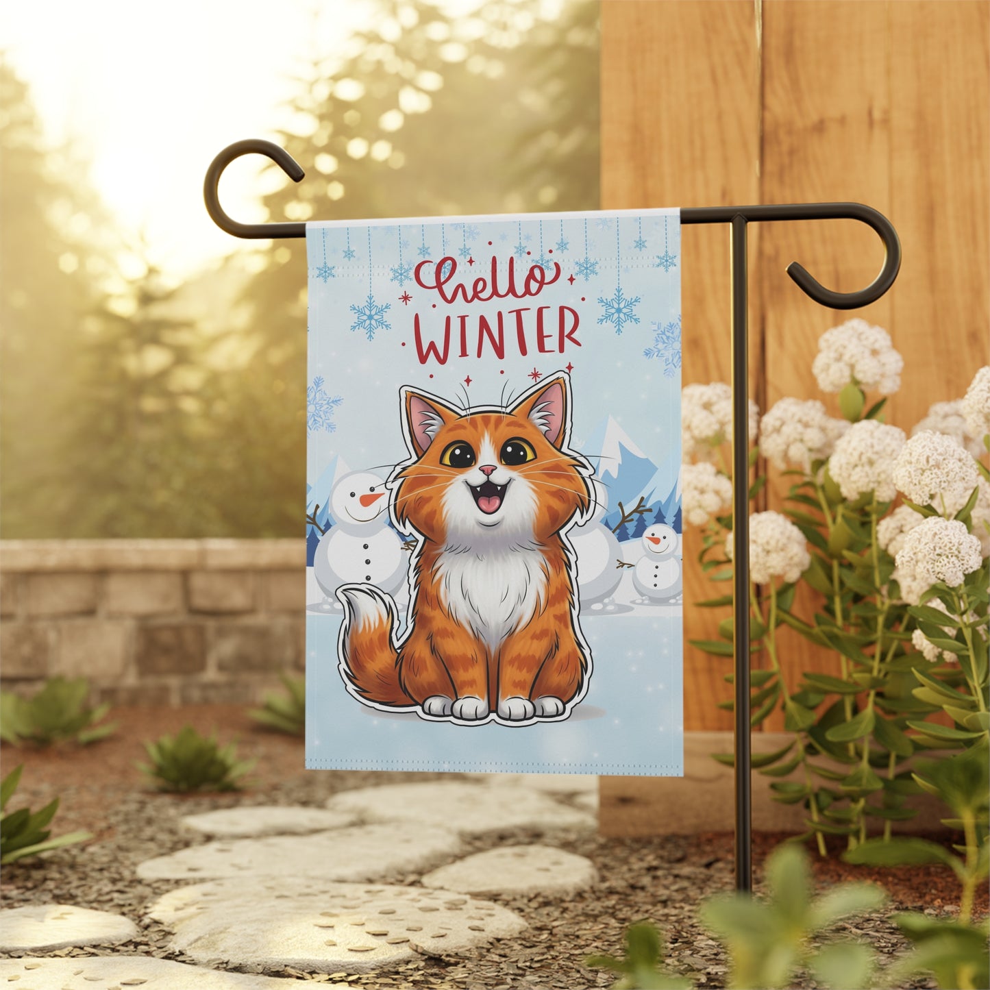 Long hair bi-color orange cat Hello Winter Garden Banner