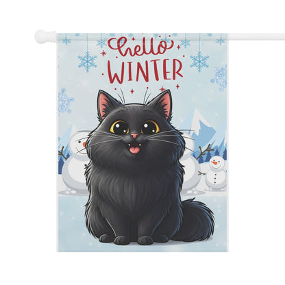 Long hair black cat Hello Winter Garden Banner