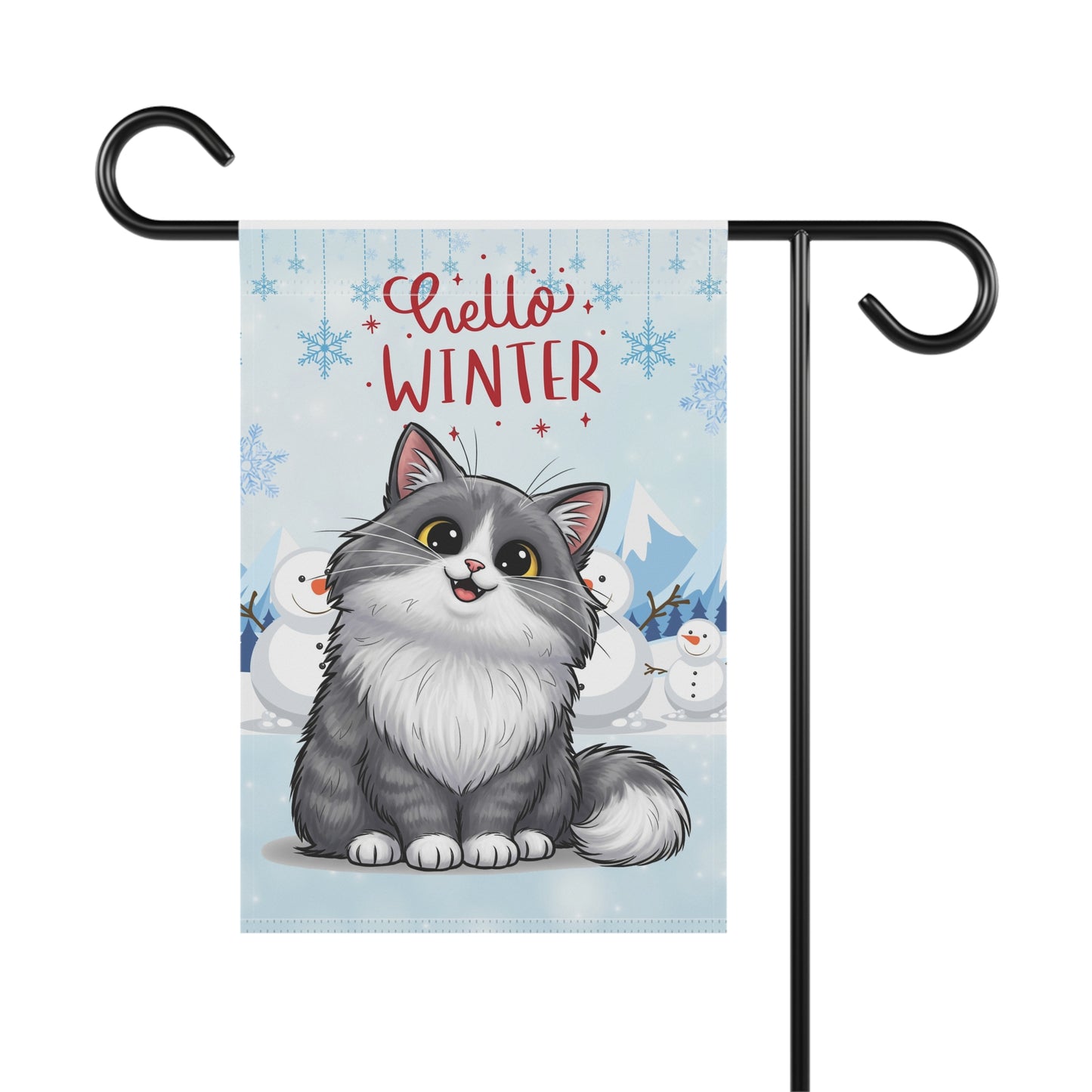 Long hair bi-color gray cat Hello Winter Garden Banner