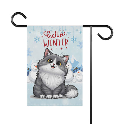 Long hair bi-color gray cat Hello Winter Garden Banner