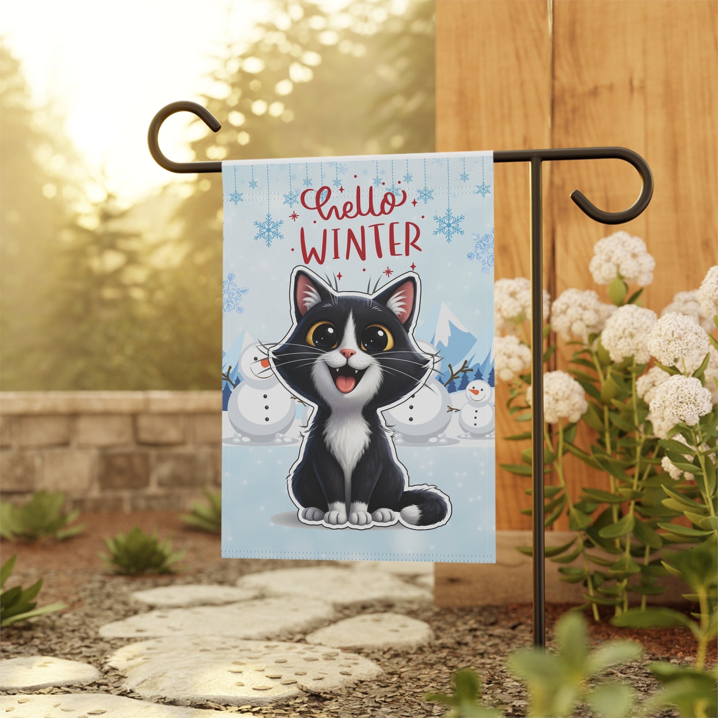 Short hair tuxedo cat Hello Winter Garden Banner