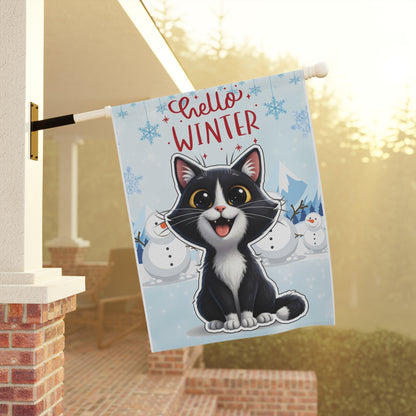 Short hair tuxedo cat Hello Winter Garden Banner
