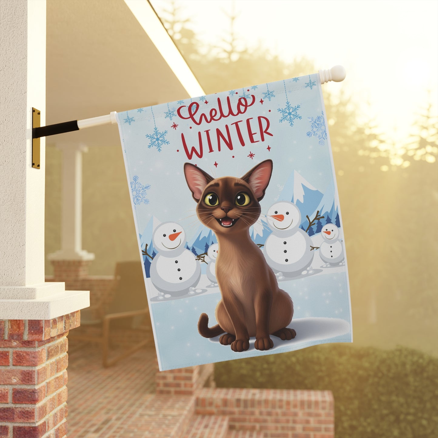 Short hair brown cat Hello Winter Garden Banner