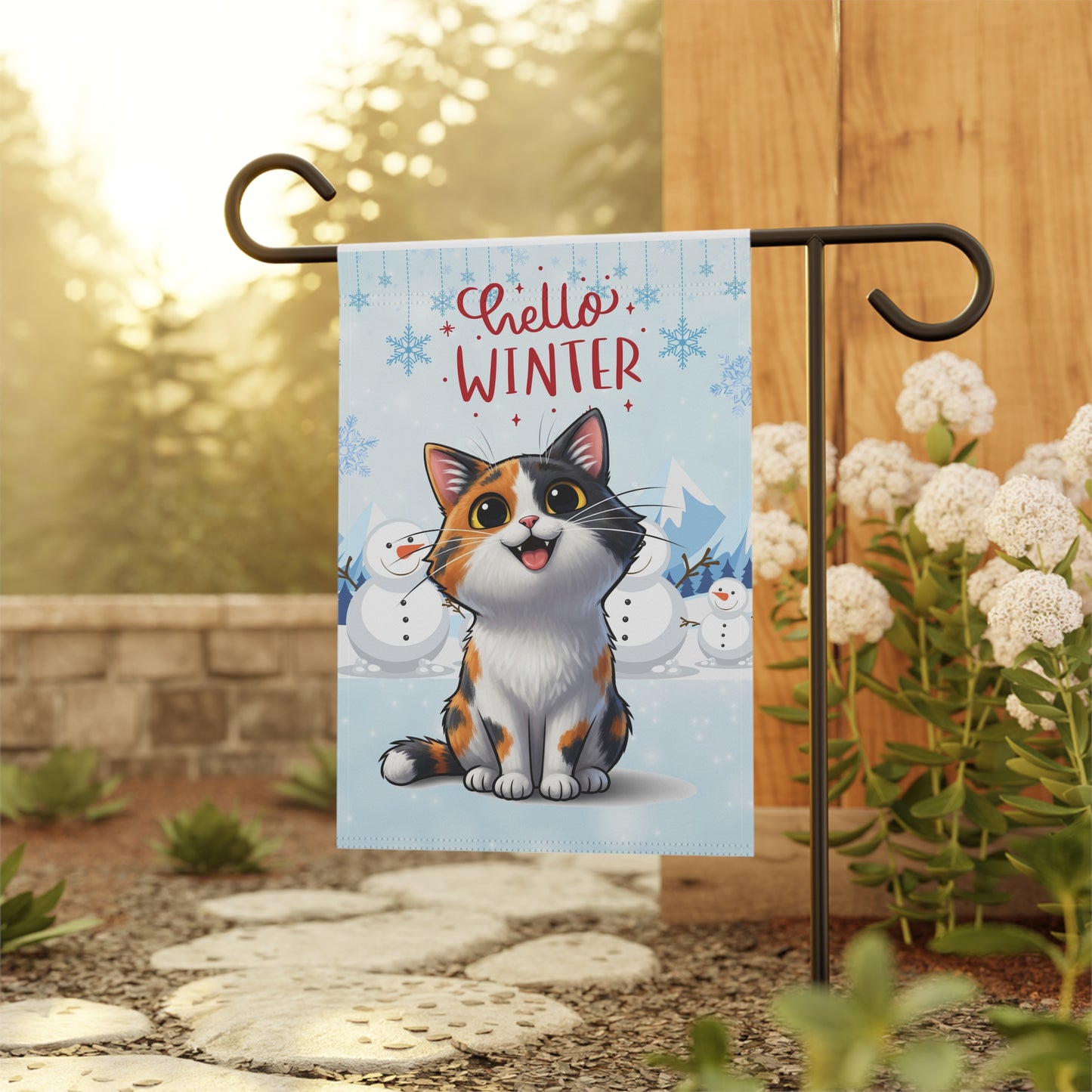 Short hair calico cat Hello Winter Garden Banner