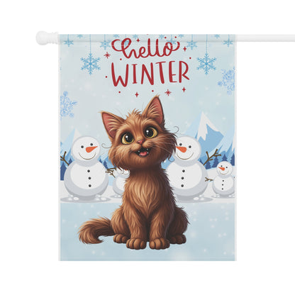 Long hair brown cat Hello Winter Garden Banner