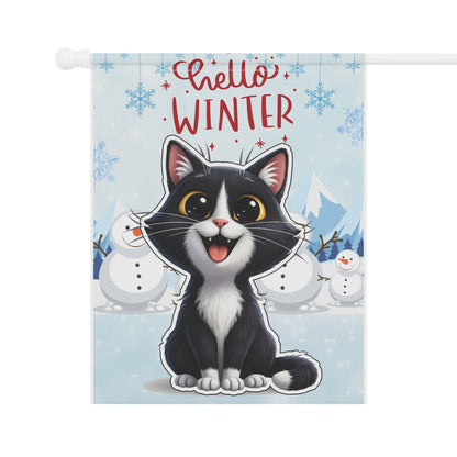 Short hair tuxedo cat Hello Winter Garden Banner